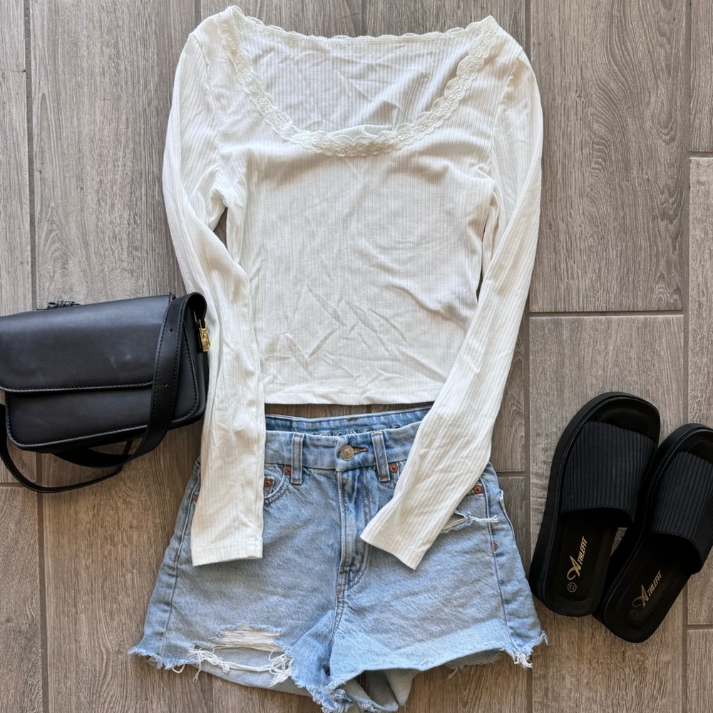 White Long Sleeve Lace Neck Top